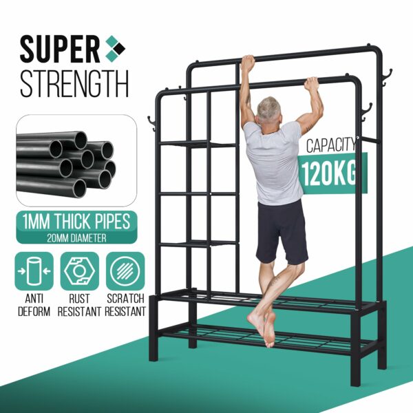 Black Metal Clothes Rail with Shoe Rack, Shelves & Coat Hooks, 120KG Capacity