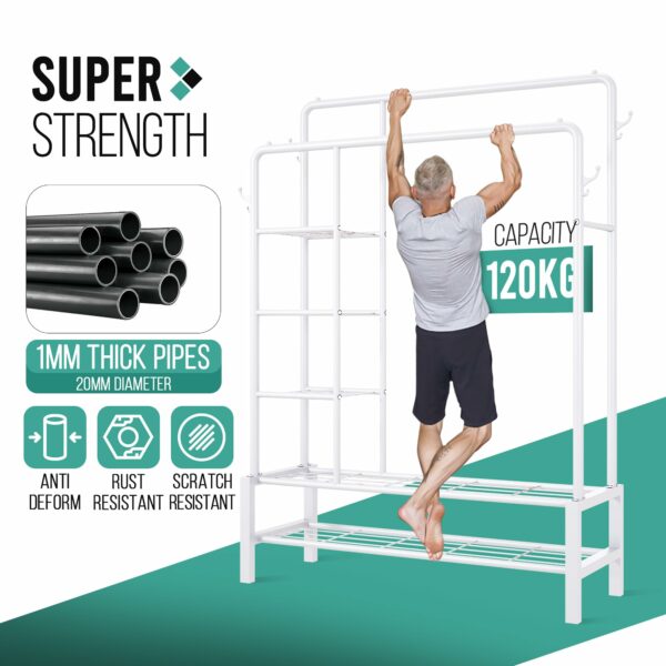 White Metal Clothes Rail with Shoe Rack, Shelves & Coat Hooks, 120KG Capacity