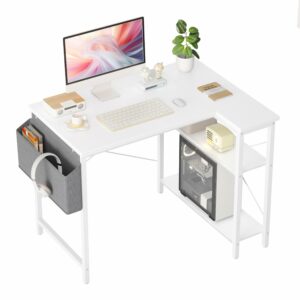 L-Shaped Gaming Desk 100×70 cm with Storage Shelves and Bag White