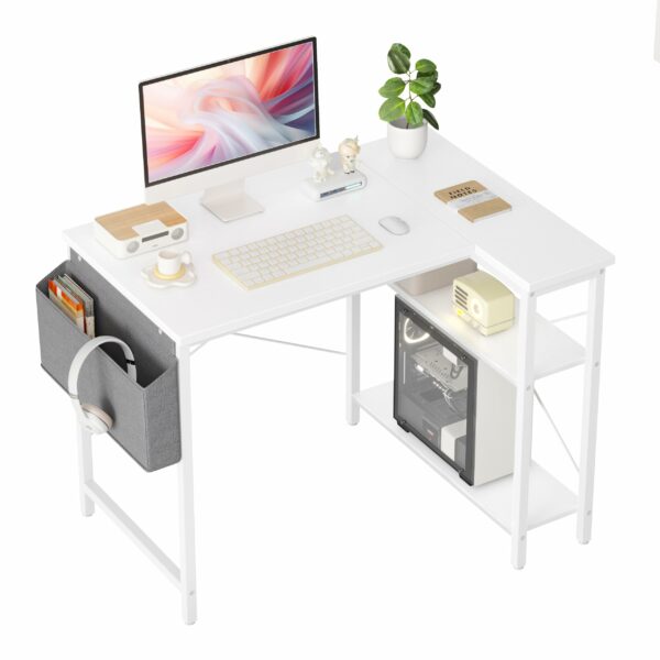 L-Shaped Gaming Desk 100×70 cm with Storage Shelves and Bag White