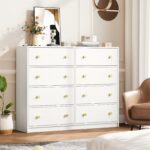 White chest of drawers with 8 fabric drawers and gold handles for elegant storage