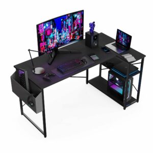 L-Shaped Gaming Desk 100×70 cm with Storage Shelves and Bag Black