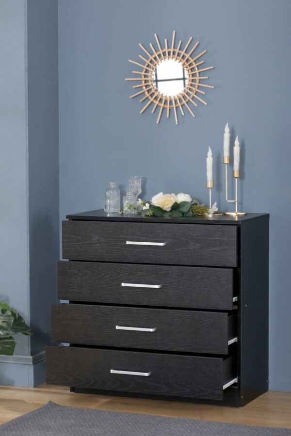 Black 4-drawer chest, sturdy with anti-bow support, perfect for bedroom storage
