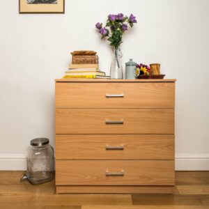 Beech 4-drawer chest with strong support and easy assembly
