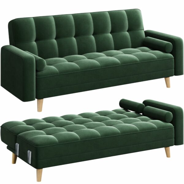 Modern Velvet Sofa Bed 3 Seater Click Clack Sofa Green