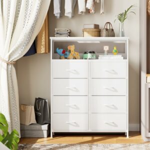 White chest with 8 drawers and shelves for versatile storage in bedroom and living room