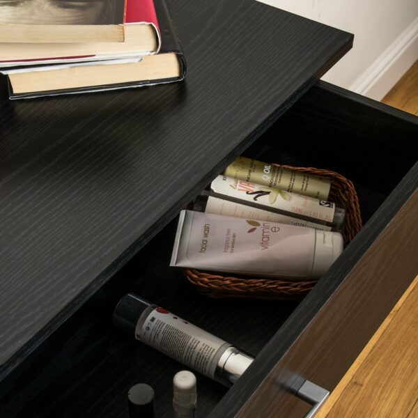 Black 4-drawer chest, sturdy with anti-bow support, perfect for bedroom storage