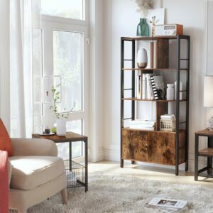 Rustic Brown and Black Industrial Bookshelf with Doors, 4 Shelves, Steel Frame