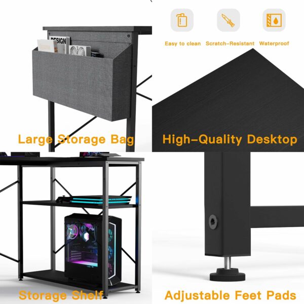 L-Shaped Gaming Desk 100×70 cm with Storage Shelves and Bag Black