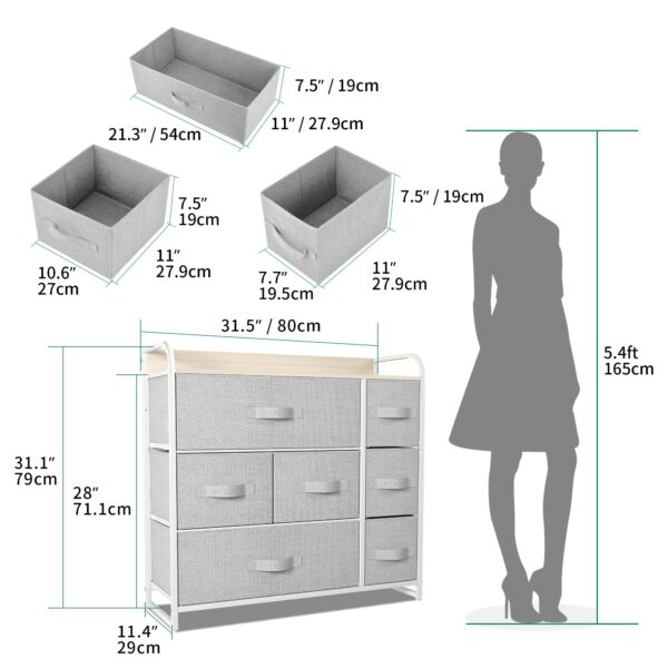 Fabric chest with 7 drawers, steel frame, and wooden top for easy, durable storage