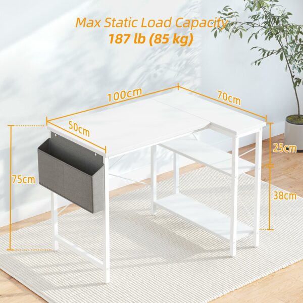 L-Shaped Gaming Desk 100×70 cm with Storage Shelves and Bag White