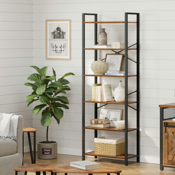 Industrial 6-Tier Bookshelf, Rustic Brown and Black