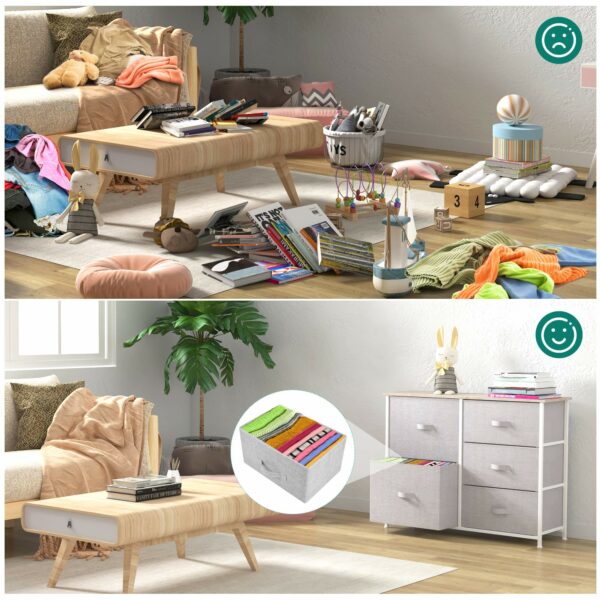 Sturdy fabric chest with wooden top and easy-access drawers for versatile home storage