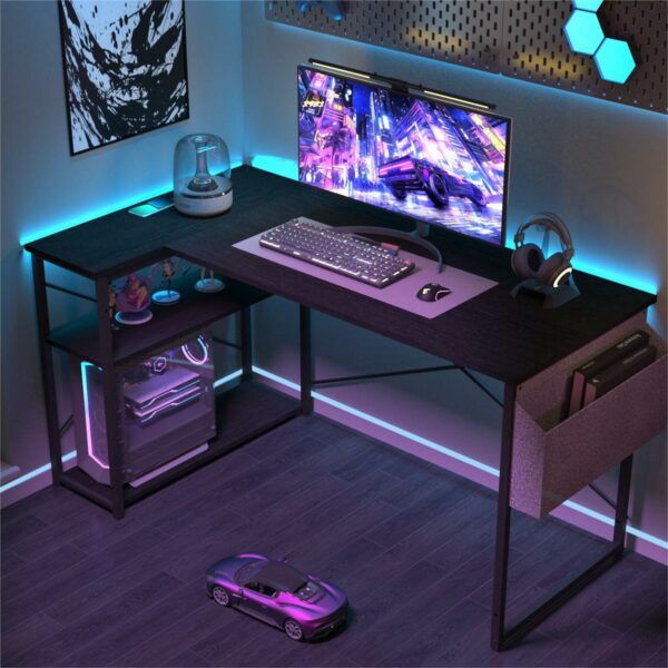 L-Shaped Gaming Desk 100×70 cm with Storage Shelves and Bag Black