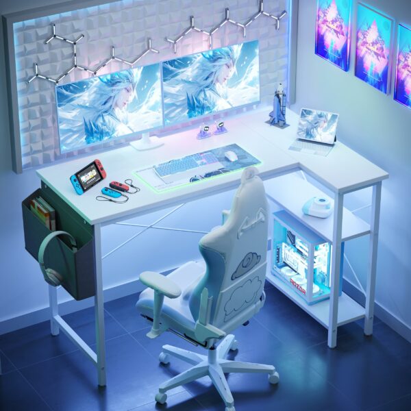 L-Shaped Gaming Desk 100×70 cm with Storage Shelves and Bag White