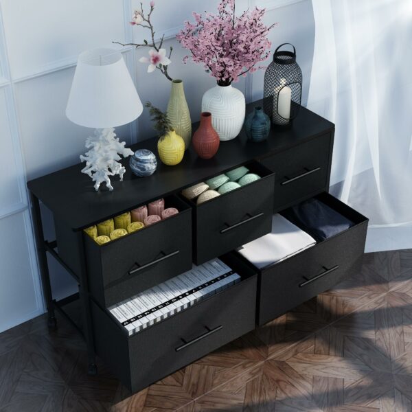 Stylish 5-drawer fabric chest with castors for easy storage and mobility in any room