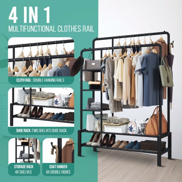 Black Metal Clothes Rail with Shoe Rack, Shelves & Coat Hooks, 120KG Capacity