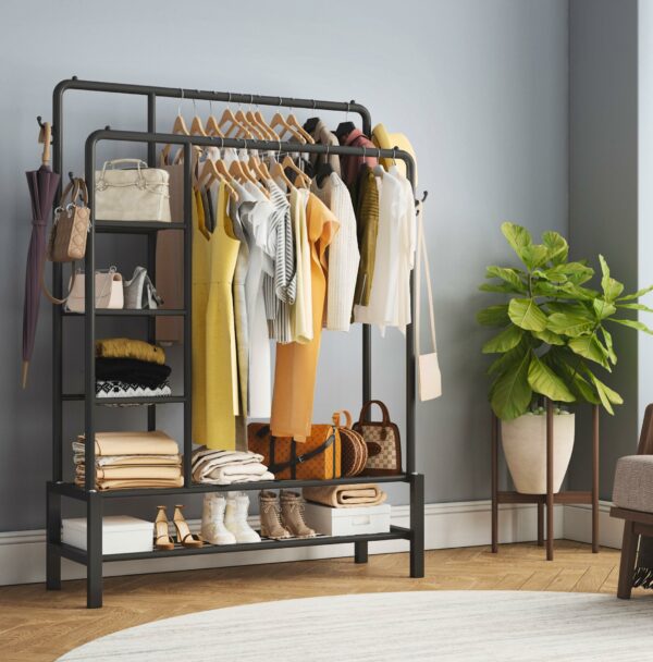 Black Metal Clothes Rail with Shoe Rack, Shelves & Coat Hooks, 120KG Capacity