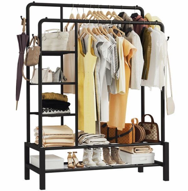Black Metal Clothes Rail with Shoe Rack, Shelves & Coat Hooks, 120KG Capacity