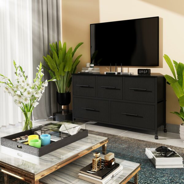 Stylish 5-drawer fabric chest with castors for easy storage and mobility in any room