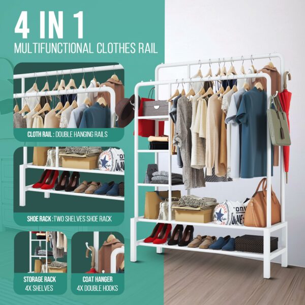 White Metal Clothes Rail with Shoe Rack, Shelves & Coat Hooks, 120KG Capacity