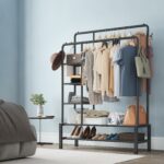 Black Metal Clothes Rail with Shoe Rack, Shelves & Coat Hooks, 120KG Capacity