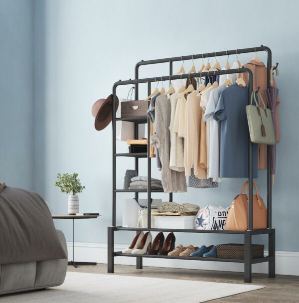 Black Metal Clothes Rail with Shoe Rack, Shelves & Coat Hooks, 120KG Capacity