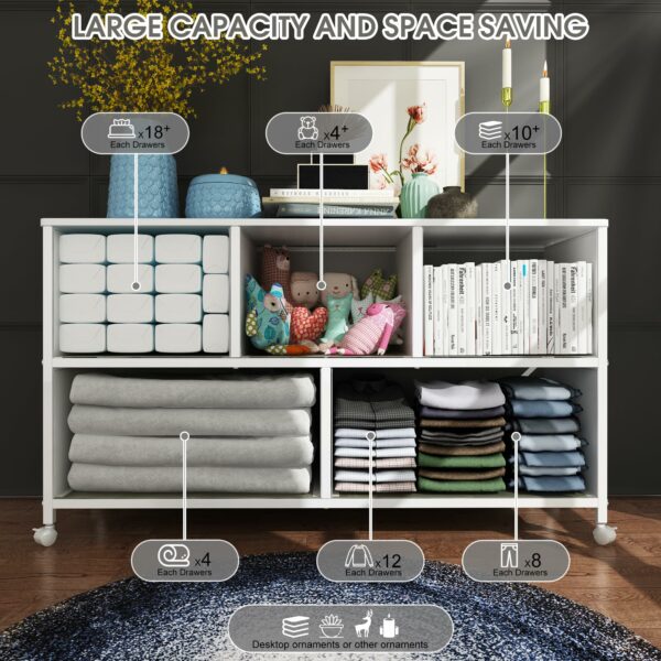 White fabric dresser with 5 drawers and wheels for home storage