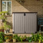 Outdoor Garden Storage Shed, Beige with Brown Lid, Weather-Resistant, 5-Year Warranty