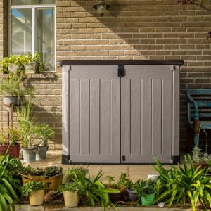 Outdoor Garden Storage Shed, Beige with Brown Lid, Weather-Resistant, 5-Year Warranty