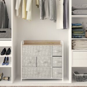 Fabric chest with 7 drawers, steel frame, and wooden top for easy, durable storage