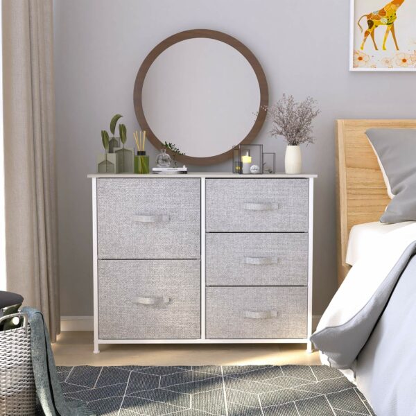 Sturdy fabric chest with wooden top and easy-access drawers for versatile home storage