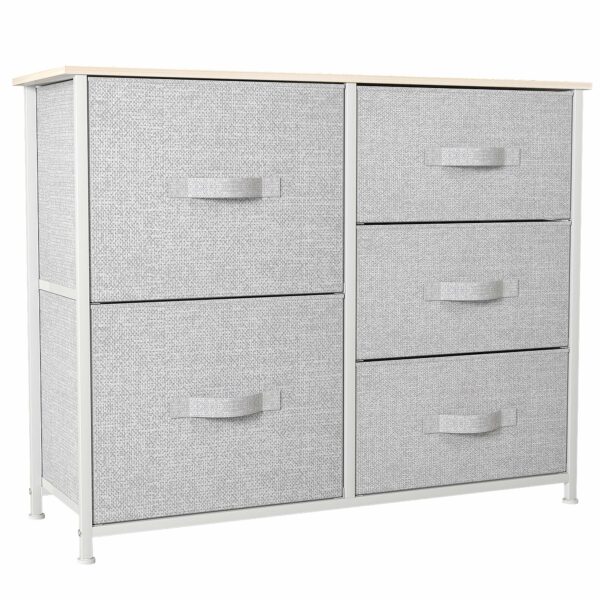Sturdy fabric chest with wooden top and easy-access drawers for versatile home storage
