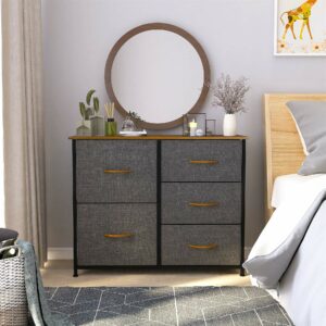 Fabric chest with 5 spacious drawers, steel frame, and wooden top – ideal for bedroom and living room storage