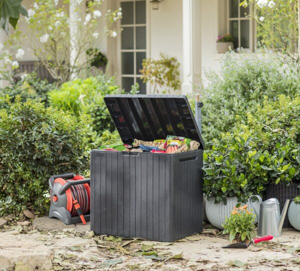 Outdoor Storage Box Grey Wood Panel Effect 113L All Weather Resistant 2 year Warranty