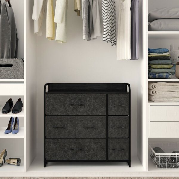 Fabric chest with 7 drawers, steel frame, and wooden top for stylish storage