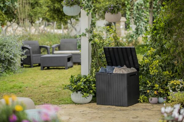 Outdoor Storage Box Grey Wood Panel Effect 113L All Weather Resistant 2 year Warranty