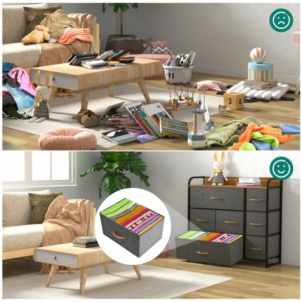 Fabric chest with 7 drawers, steel frame, and wooden top for easy storage