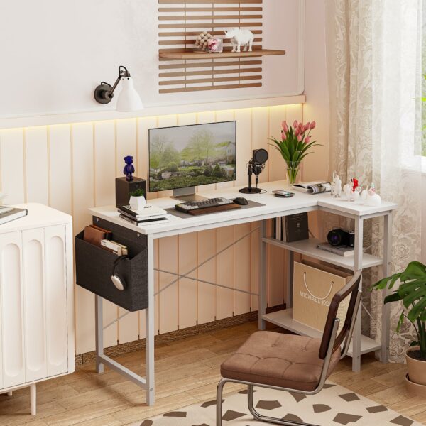 L-Shaped Gaming Desk 100×70 cm with Storage Shelves and Bag White