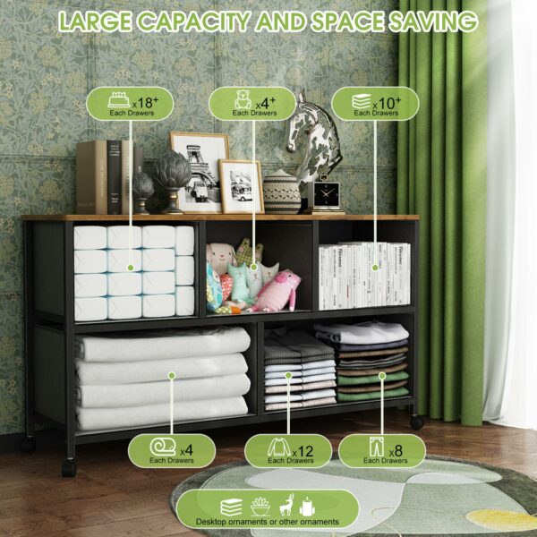 Chest of drawers with 5 fabric drawers and wheels for easy storage